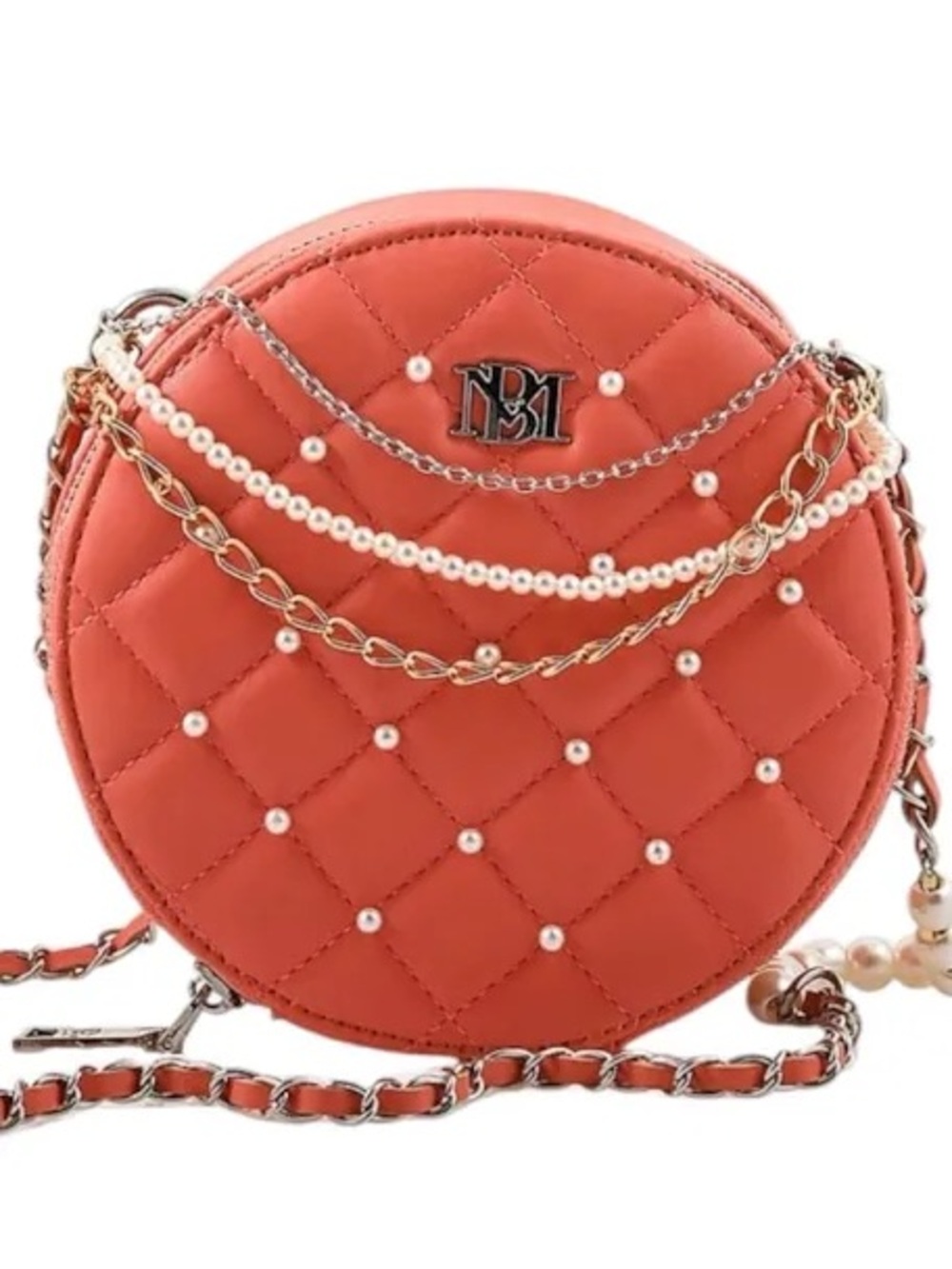 NWT- Badgley Mischka Coral Quilted Round Bag with Pearl Accents